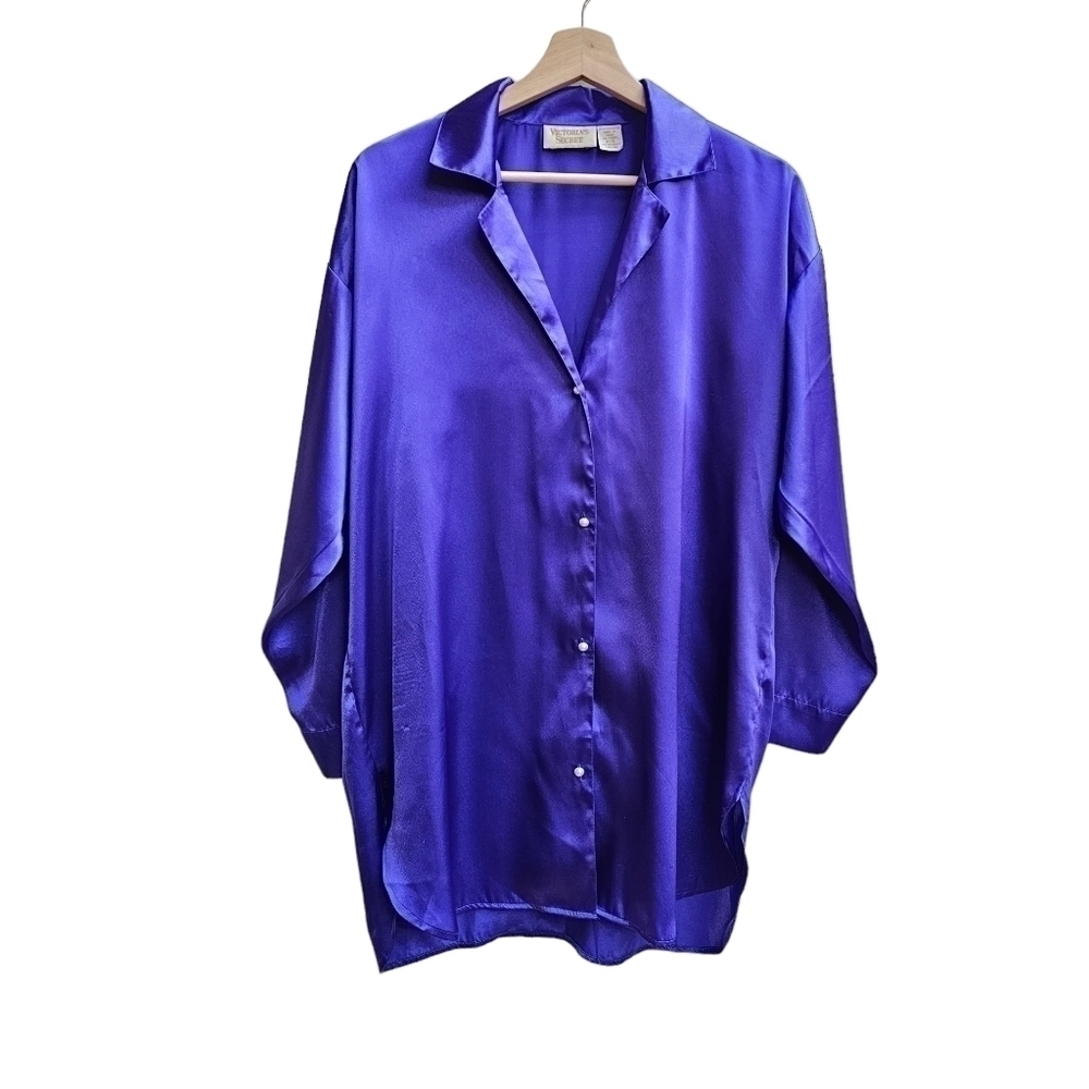 Victoria Secret Vintage Gold Label Sleep Shirt in Purple Satin, Size Small